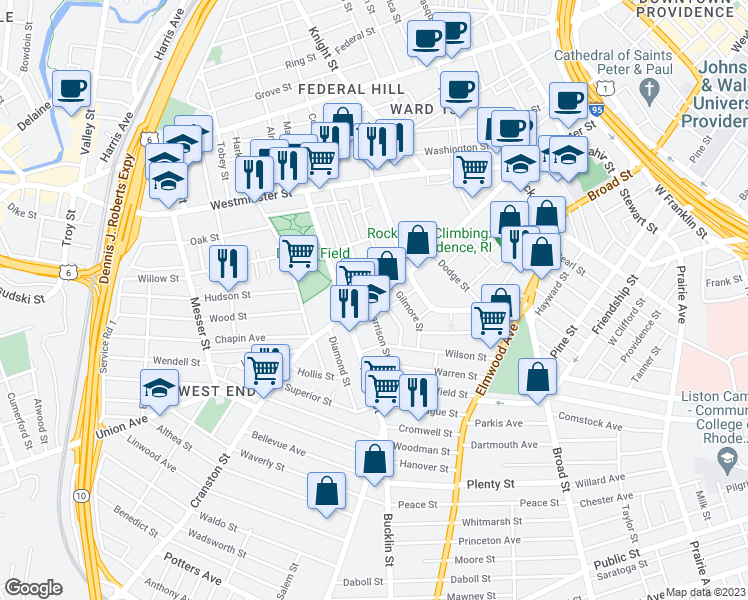 map of restaurants, bars, coffee shops, grocery stores, and more near 84 Harrison Street in Providence