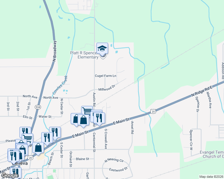 map of restaurants, bars, coffee shops, grocery stores, and more near 870 Millwood Drive in Geneva