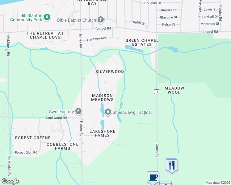 map of restaurants, bars, coffee shops, grocery stores, and more near 5824 Woodside Drive in Madison