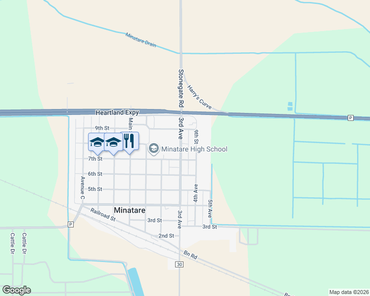 map of restaurants, bars, coffee shops, grocery stores, and more near 712 3rd Avenue in Minatare