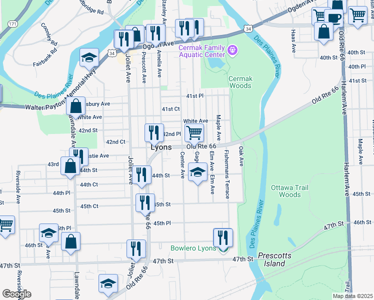 map of restaurants, bars, coffee shops, grocery stores, and more near 4325 Center Avenue in Lyons