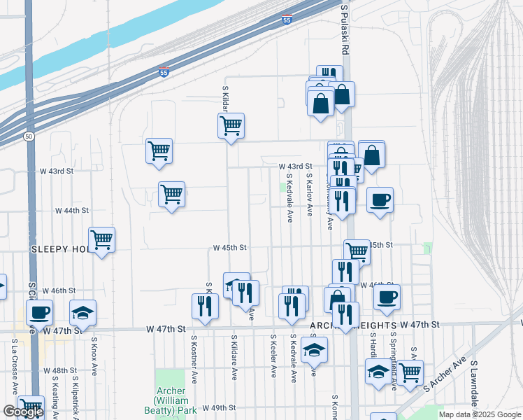 map of restaurants, bars, coffee shops, grocery stores, and more near 4433 South Tripp Avenue in Chicago