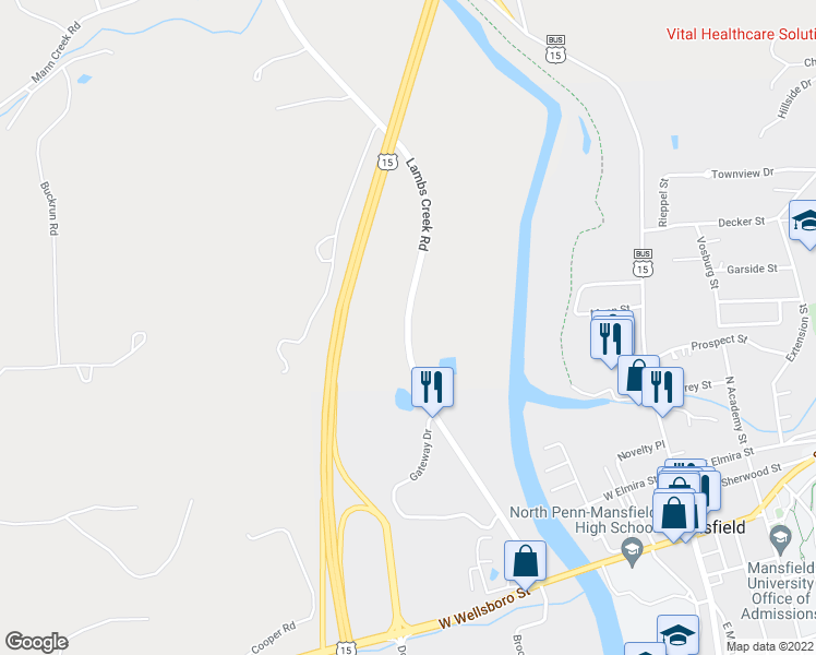 map of restaurants, bars, coffee shops, grocery stores, and more near Lambs Creek Road in Mansfield