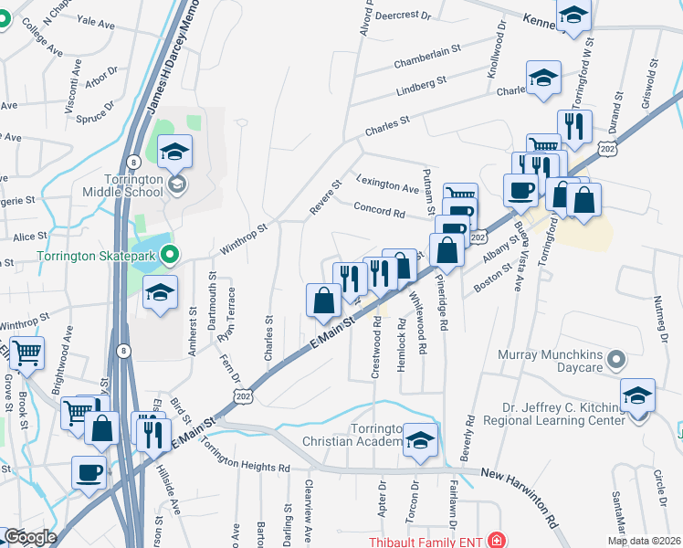 map of restaurants, bars, coffee shops, grocery stores, and more near 71 Tioga Street in Torrington