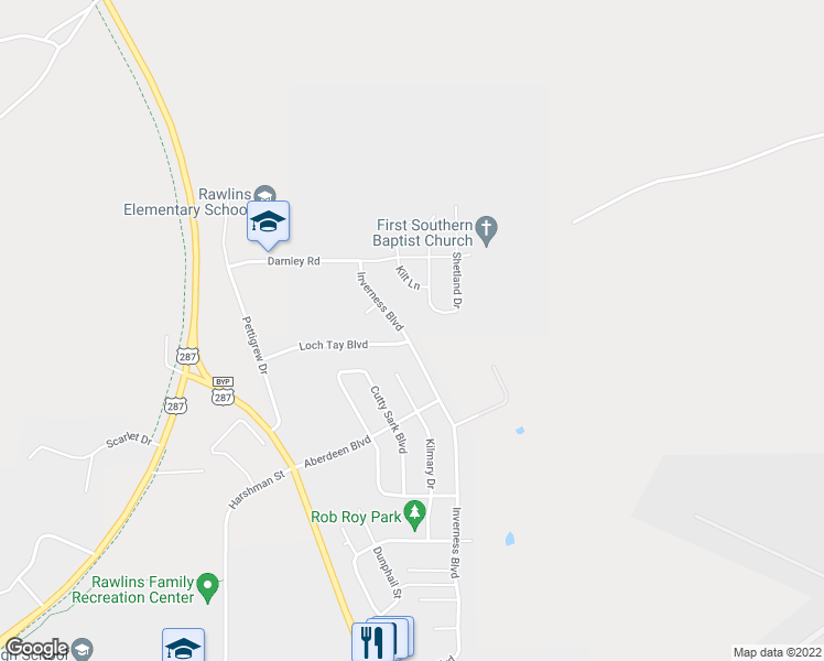 map of restaurants, bars, coffee shops, grocery stores, and more near 2715 Inverness Boulevard in Rawlins