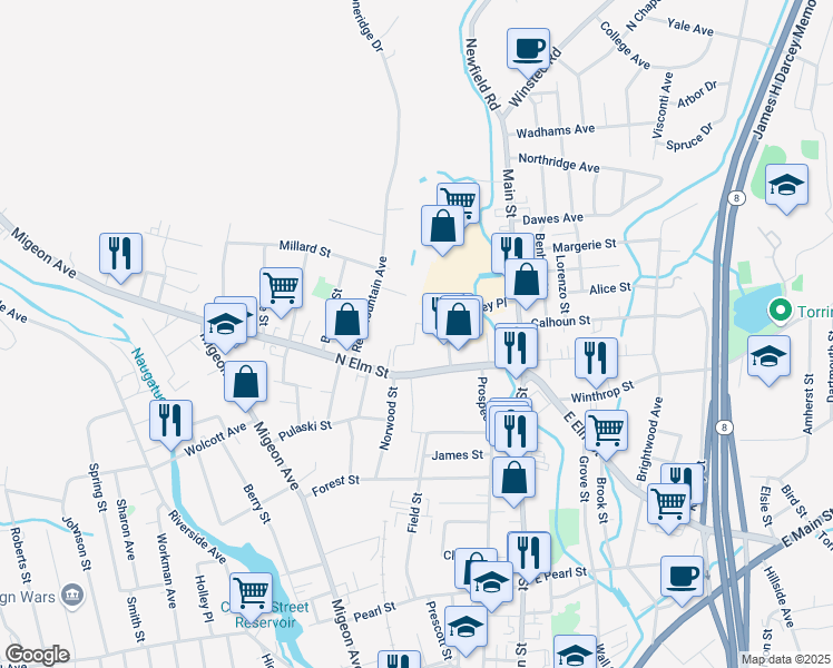 map of restaurants, bars, coffee shops, grocery stores, and more near 120 North Elm Street in Torrington