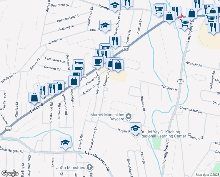 map of restaurants, bars, coffee shops, grocery stores, and more near 356 Torringford West Street in Torrington