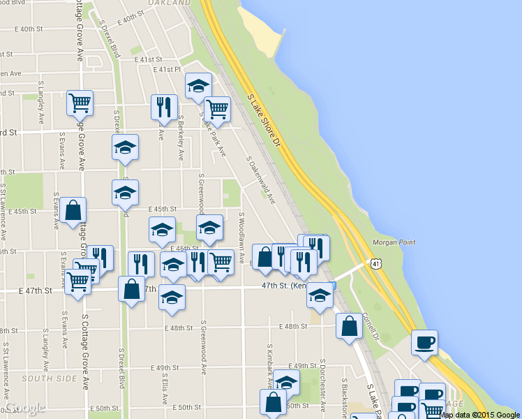 map of restaurants, bars, coffee shops, grocery stores, and more near 4533 South Lake Park Avenue in Chicago