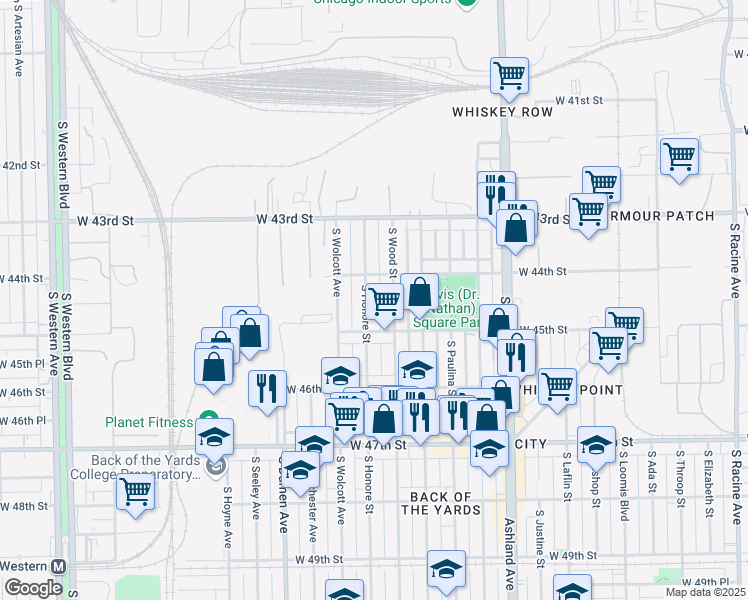 map of restaurants, bars, coffee shops, grocery stores, and more near 4454 South Wood Street in Chicago