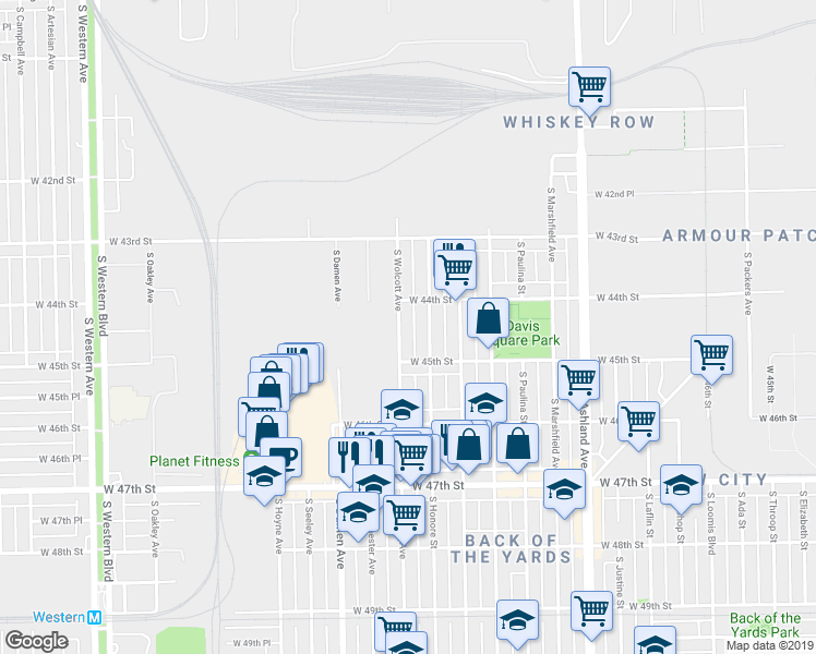 map of restaurants, bars, coffee shops, grocery stores, and more near 1852 West 45th Street in Chicago