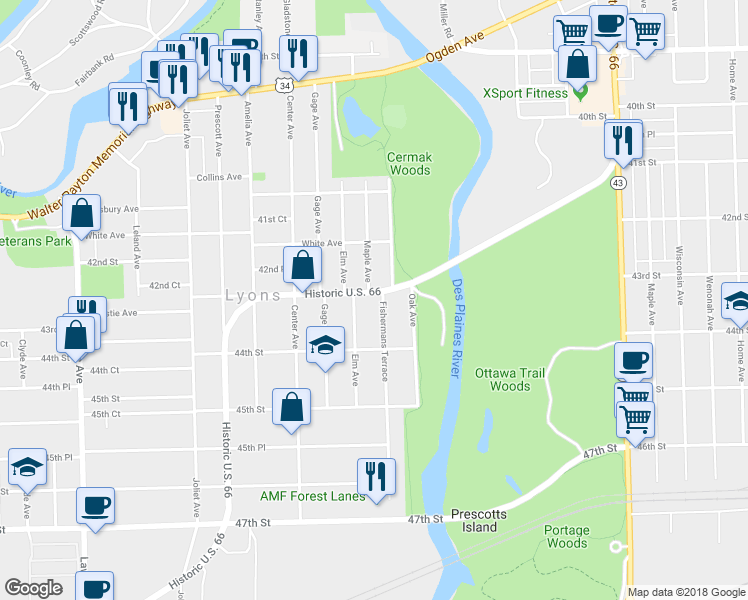 map of restaurants, bars, coffee shops, grocery stores, and more near 4320 Fishermans Terrace in Lyons