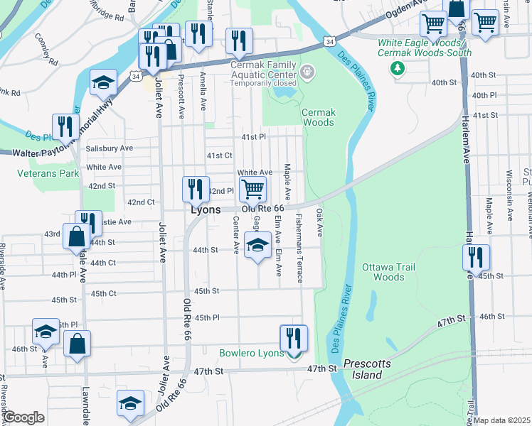 map of restaurants, bars, coffee shops, grocery stores, and more near 4327 Gage Avenue in Lyons
