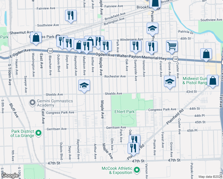 map of restaurants, bars, coffee shops, grocery stores, and more near 4300 Elm Avenue in Brookfield