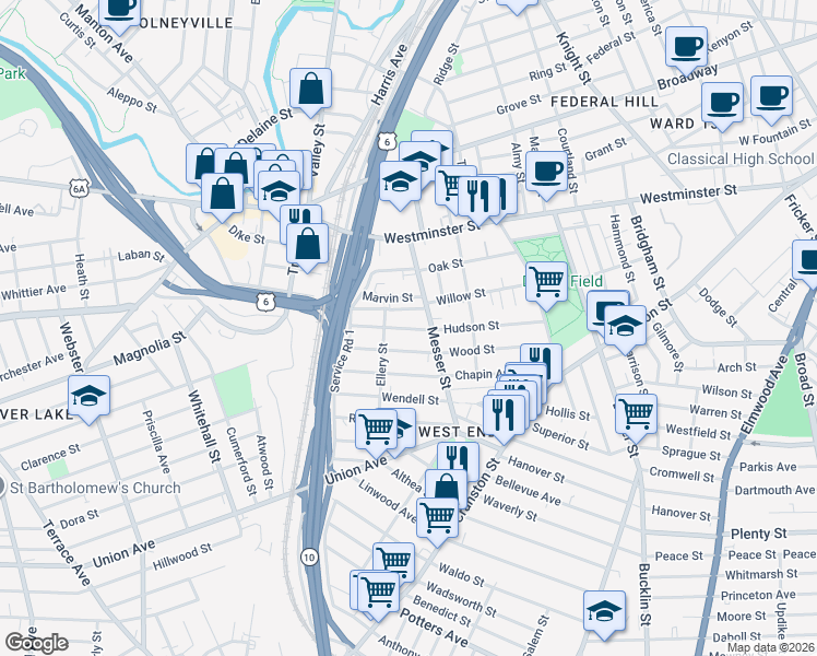 map of restaurants, bars, coffee shops, grocery stores, and more near 138 Wood Street in Providence