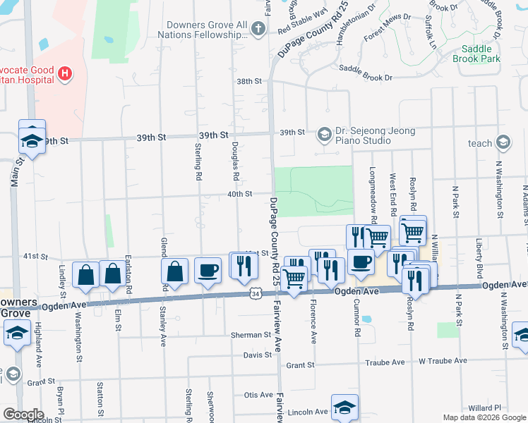 map of restaurants, bars, coffee shops, grocery stores, and more near 4046 Fairview Avenue in Downers Grove
