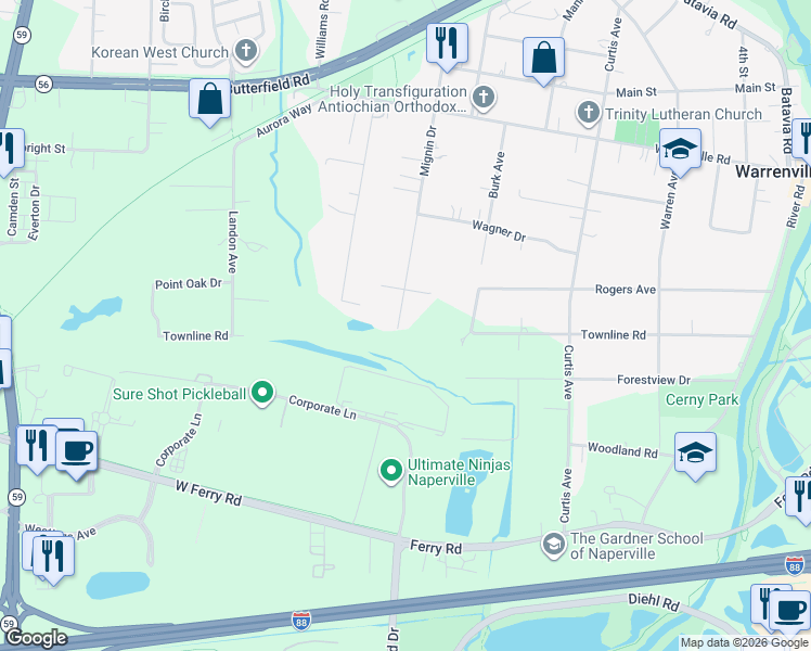map of restaurants, bars, coffee shops, grocery stores, and more near 3S745 Mignin Drive in Warrenville