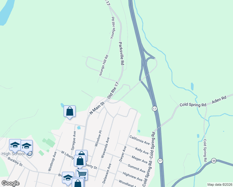 map of restaurants, bars, coffee shops, grocery stores, and more near 29 Old Route 17 in Liberty