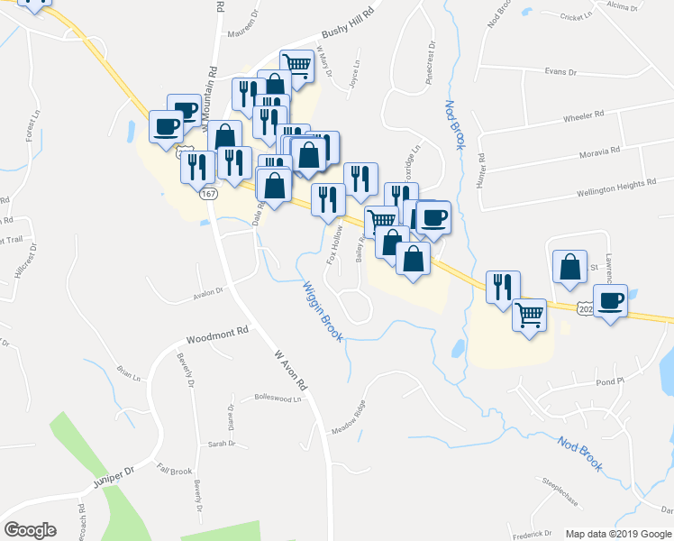 map of restaurants, bars, coffee shops, grocery stores, and more near 11 Matthew Court in Avon