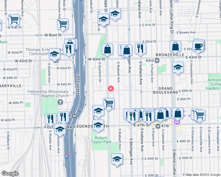 map of restaurants, bars, coffee shops, grocery stores, and more near 4421 South State Street in Chicago