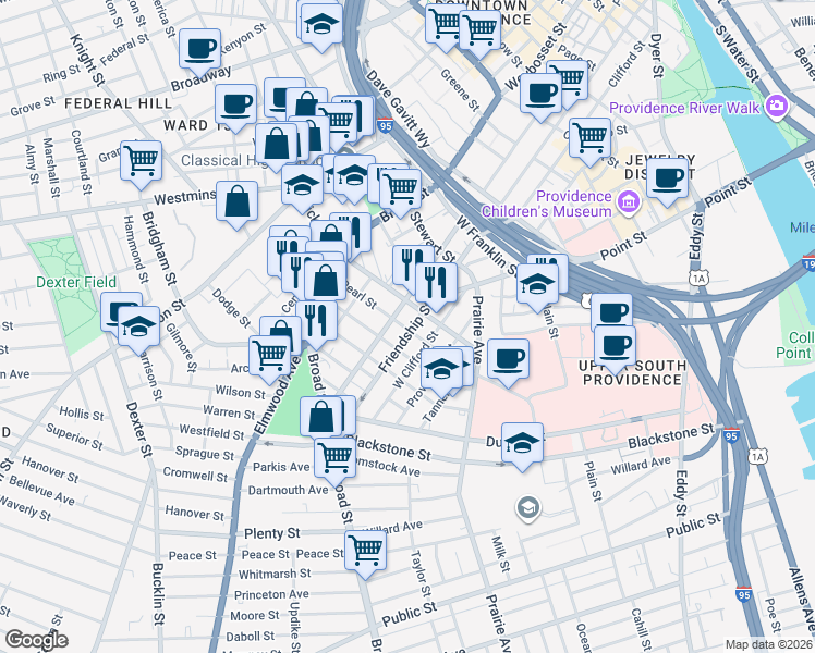 map of restaurants, bars, coffee shops, grocery stores, and more near 422 Pine Street in Providence