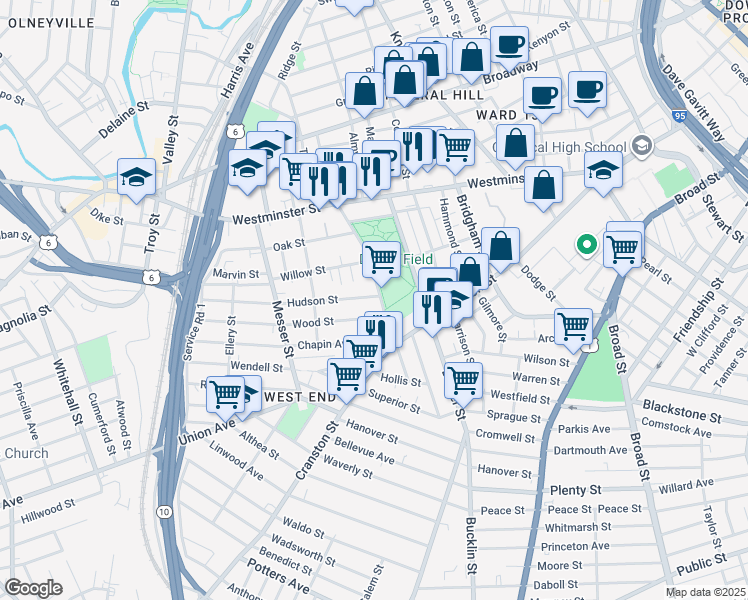 map of restaurants, bars, coffee shops, grocery stores, and more near 65 Dexter Street in Providence