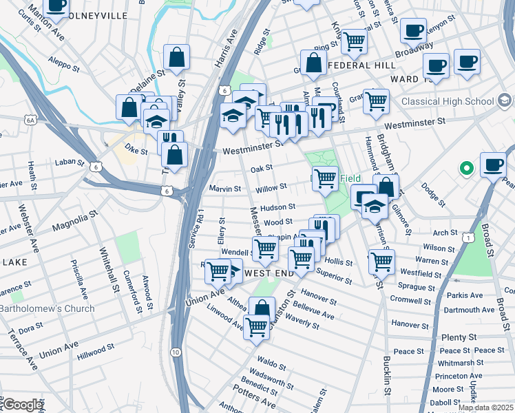 map of restaurants, bars, coffee shops, grocery stores, and more near 96 Willow Street in Providence