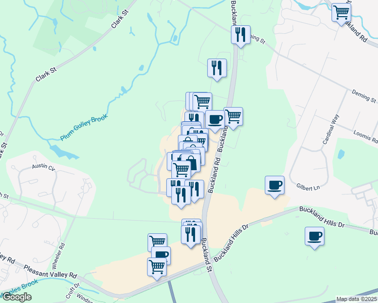 map of restaurants, bars, coffee shops, grocery stores, and more near 601 Evergreen Way in South Windsor