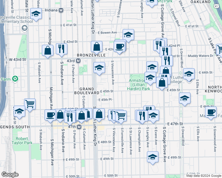 map of restaurants, bars, coffee shops, grocery stores, and more near 4443 Martin Luther King Junior Doctor Re in Chicago