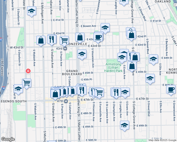map of restaurants, bars, coffee shops, grocery stores, and more near 4443 Martin Luther King Junior Doctor Re in Chicago