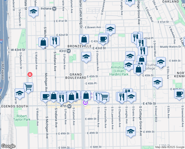 map of restaurants, bars, coffee shops, grocery stores, and more near 4443 Martin Luther King Junior Doctor Re in Chicago