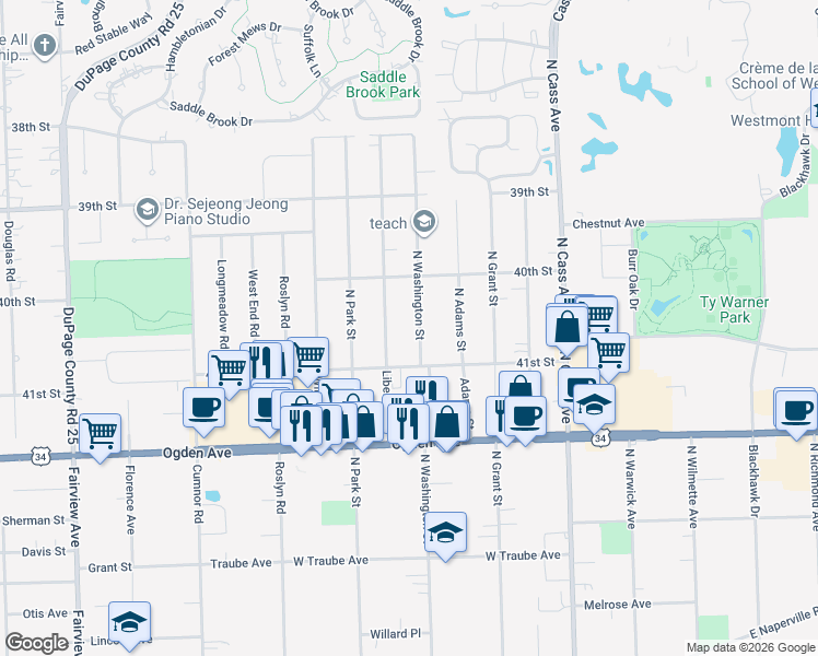 map of restaurants, bars, coffee shops, grocery stores, and more near 4011 Liberty Boulevard in Westmont