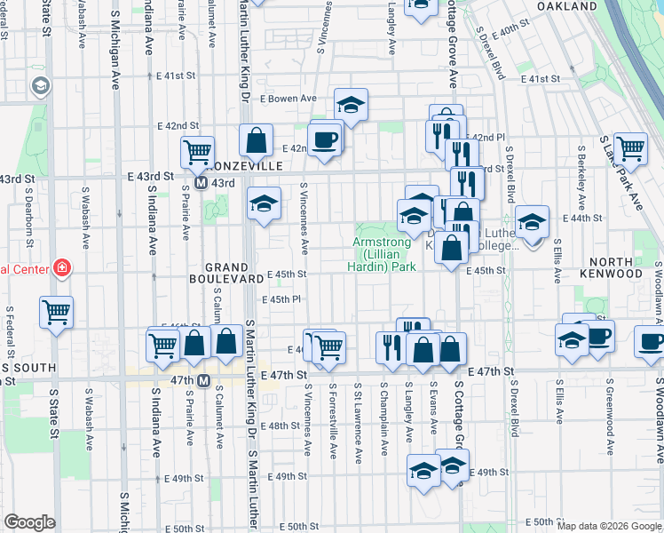 map of restaurants, bars, coffee shops, grocery stores, and more near 530 East 45th Street in Chicago