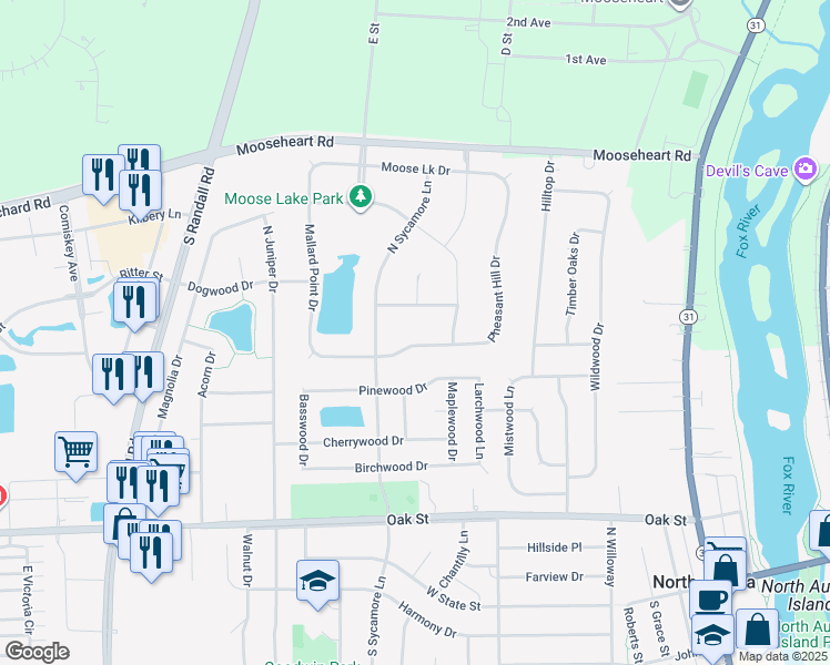 map of restaurants, bars, coffee shops, grocery stores, and more near in North Aurora