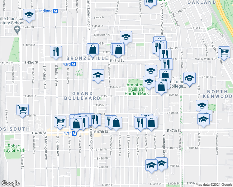 map of restaurants, bars, coffee shops, grocery stores, and more near 4423 South Vincennes Avenue in Chicago