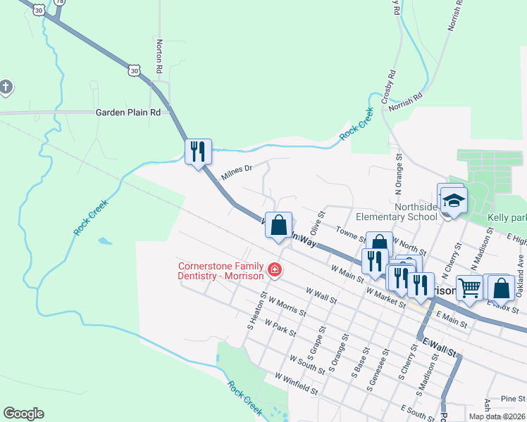 map of restaurants, bars, coffee shops, grocery stores, and more near 628 West Lincoln Way in Morrison
