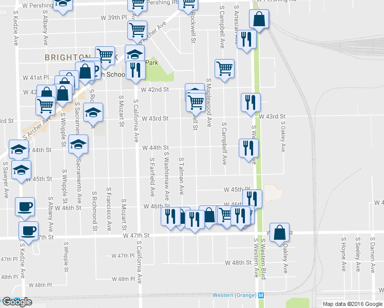 map of restaurants, bars, coffee shops, grocery stores, and more near 4412 S Rockwell St in Chicago