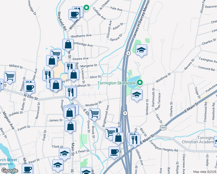 map of restaurants, bars, coffee shops, grocery stores, and more near 366 Brightwood Avenue in Torrington