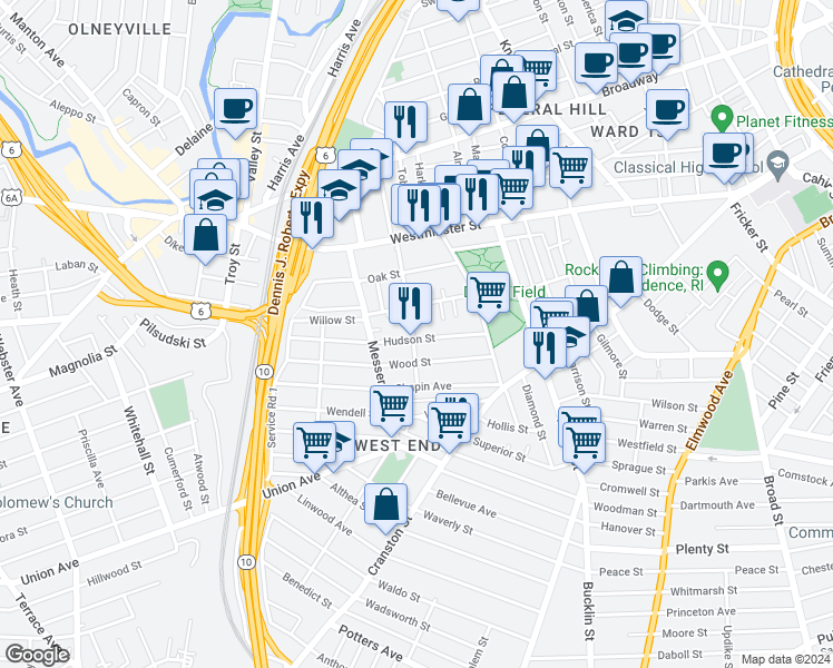 map of restaurants, bars, coffee shops, grocery stores, and more near 90 Sycamore Street in Providence