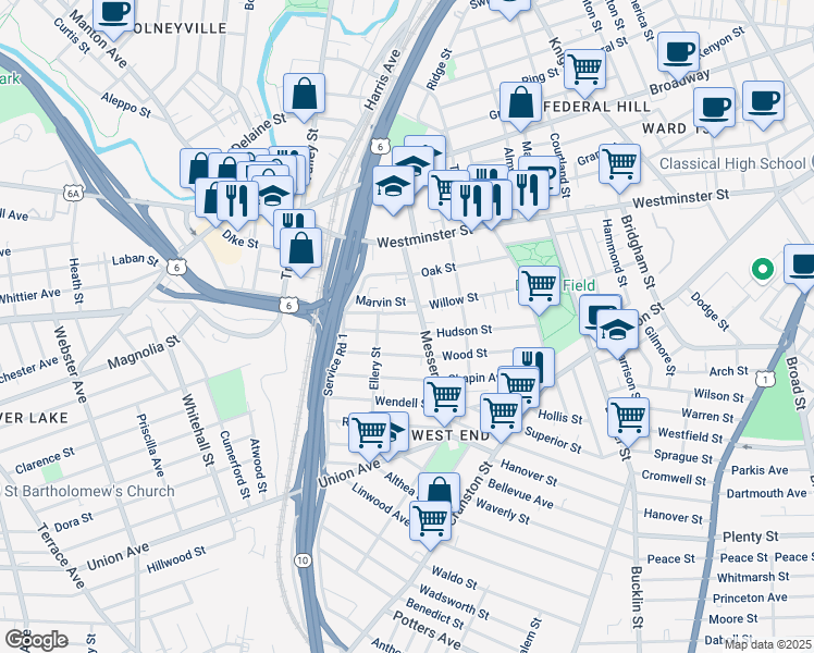 map of restaurants, bars, coffee shops, grocery stores, and more near 10 Marvin Street in Providence