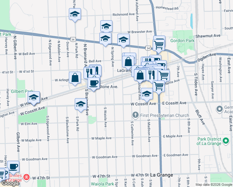 map of restaurants, bars, coffee shops, grocery stores, and more near 504 West Burlington Avenue in La Grange