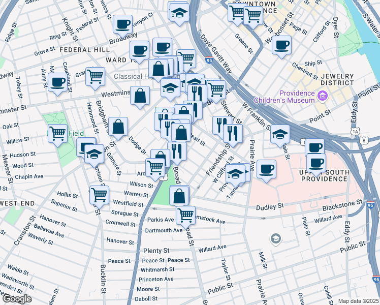 map of restaurants, bars, coffee shops, grocery stores, and more near 7 Portland Street in Providence
