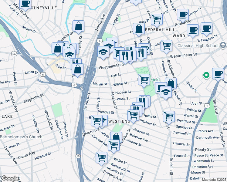 map of restaurants, bars, coffee shops, grocery stores, and more near 96 Willow Street in Providence
