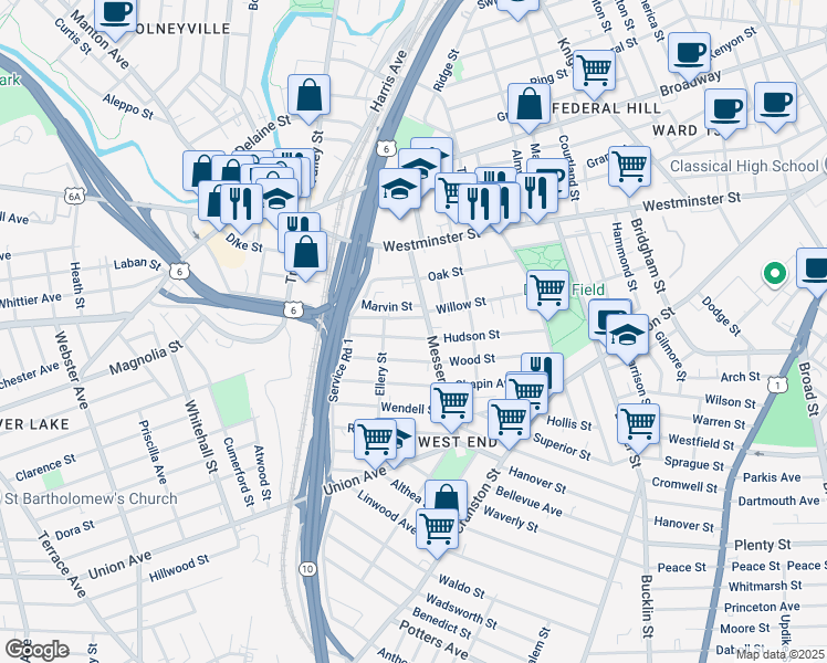 map of restaurants, bars, coffee shops, grocery stores, and more near 10 Marvin Street in Providence