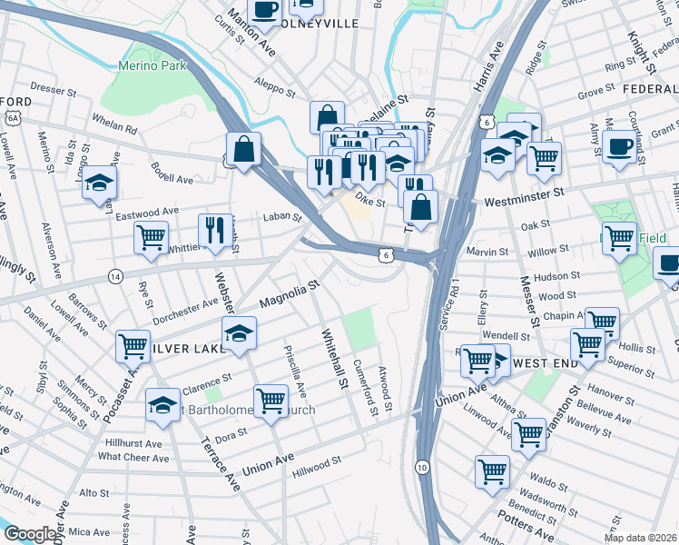 map of restaurants, bars, coffee shops, grocery stores, and more near 18 Huldah Street in Providence