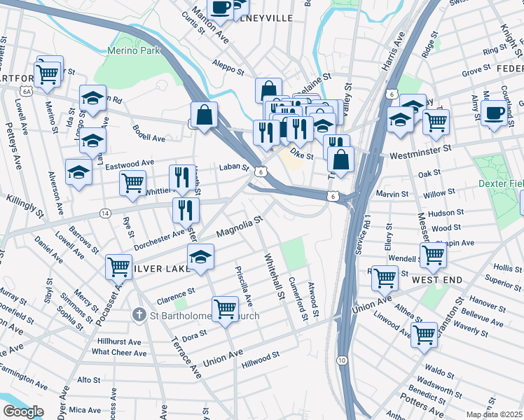 map of restaurants, bars, coffee shops, grocery stores, and more near 35 Lena Street in Providence