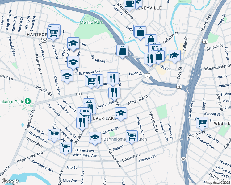 map of restaurants, bars, coffee shops, grocery stores, and more near 91 Webster Avenue in Providence