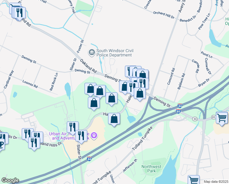 map of restaurants, bars, coffee shops, grocery stores, and more near 230 Deming Street in Manchester