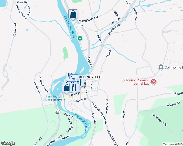 map of restaurants, bars, coffee shops, grocery stores, and more near 5 Maple Avenue in Canton