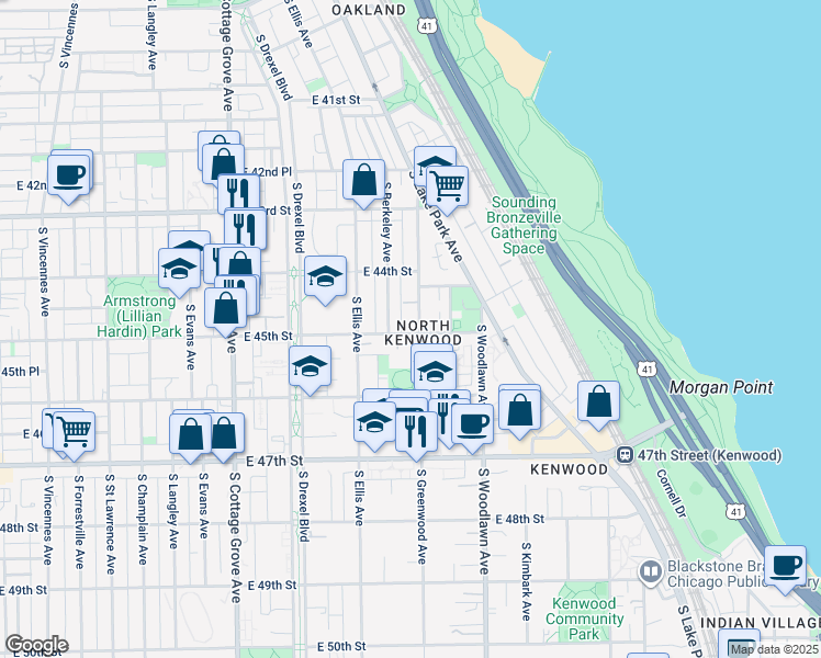 map of restaurants, bars, coffee shops, grocery stores, and more near 4438 South Greenwood Avenue in Chicago