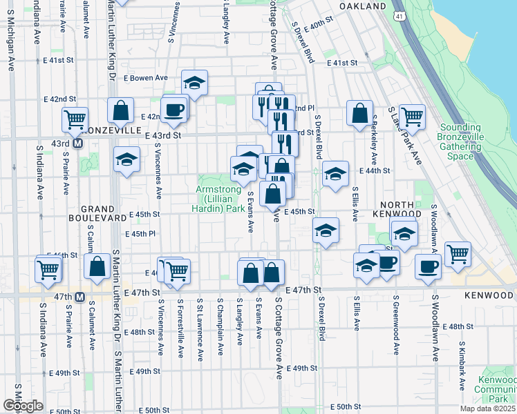 map of restaurants, bars, coffee shops, grocery stores, and more near 4448 South Cottage Grove Avenue in Chicago